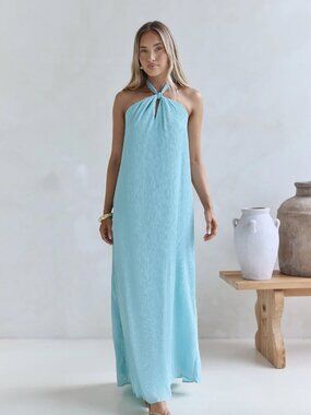 Fortunate One Aqua Blue Halter Maxi Dress NWT - Small